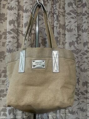 Michael Kors Beige Canvas Tote with Silver Trim